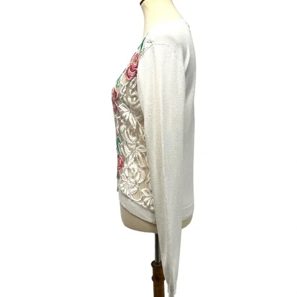 Agua Bendita White Embroidered Floral Lace Button Front Cardigan Sweater Large - Picture 5 of 14